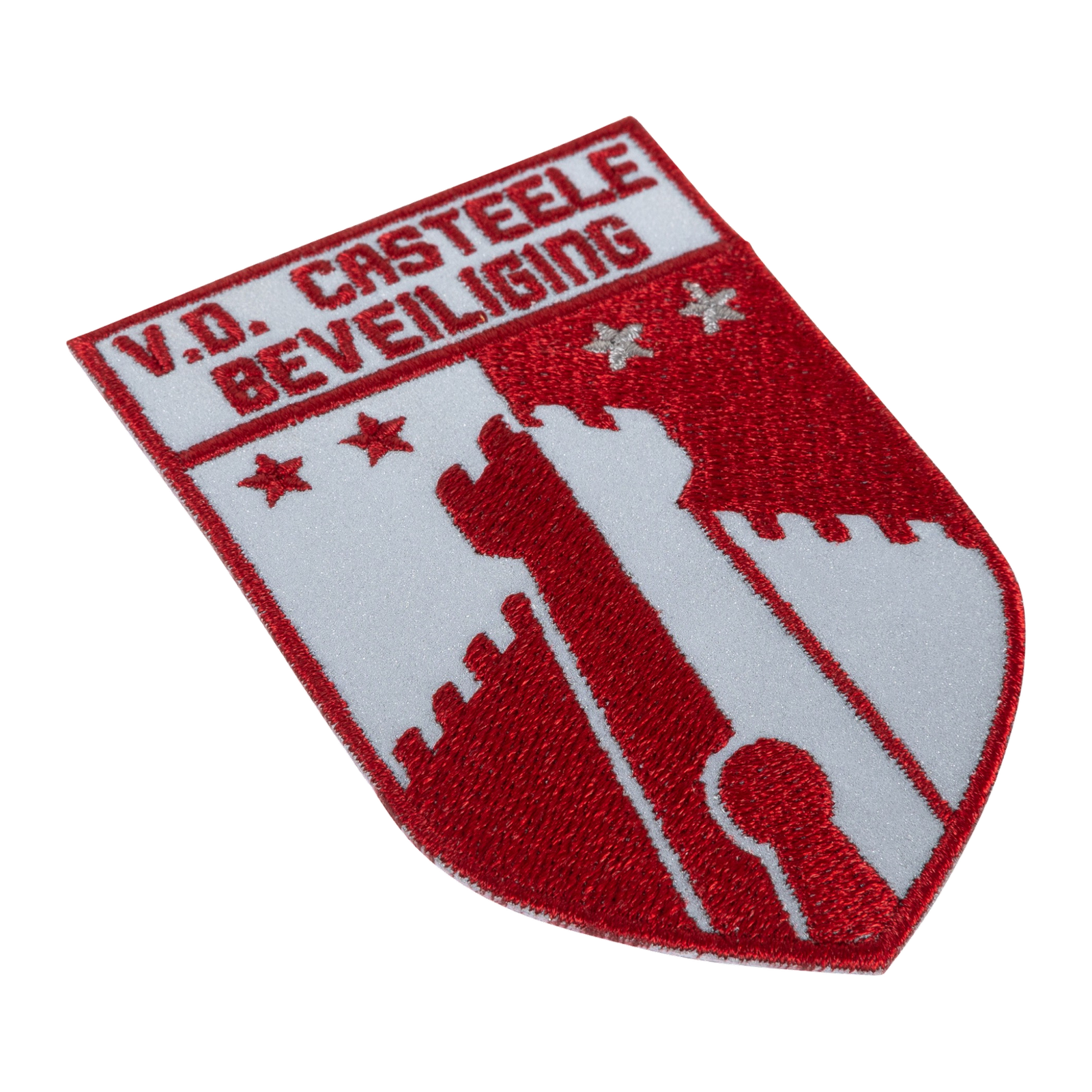 Vrijstaand rood-wit geborduurd embleem met kasteelvorm
