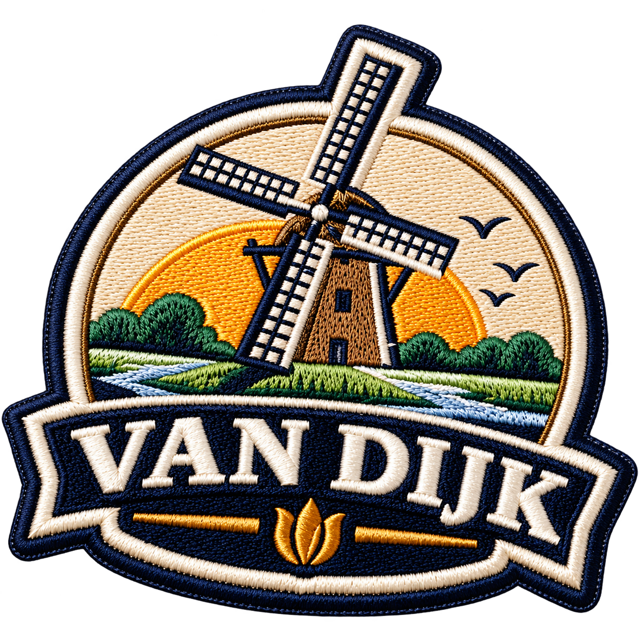 Vrijstaand geborduurd embleem met molen en de naam Van Dijk