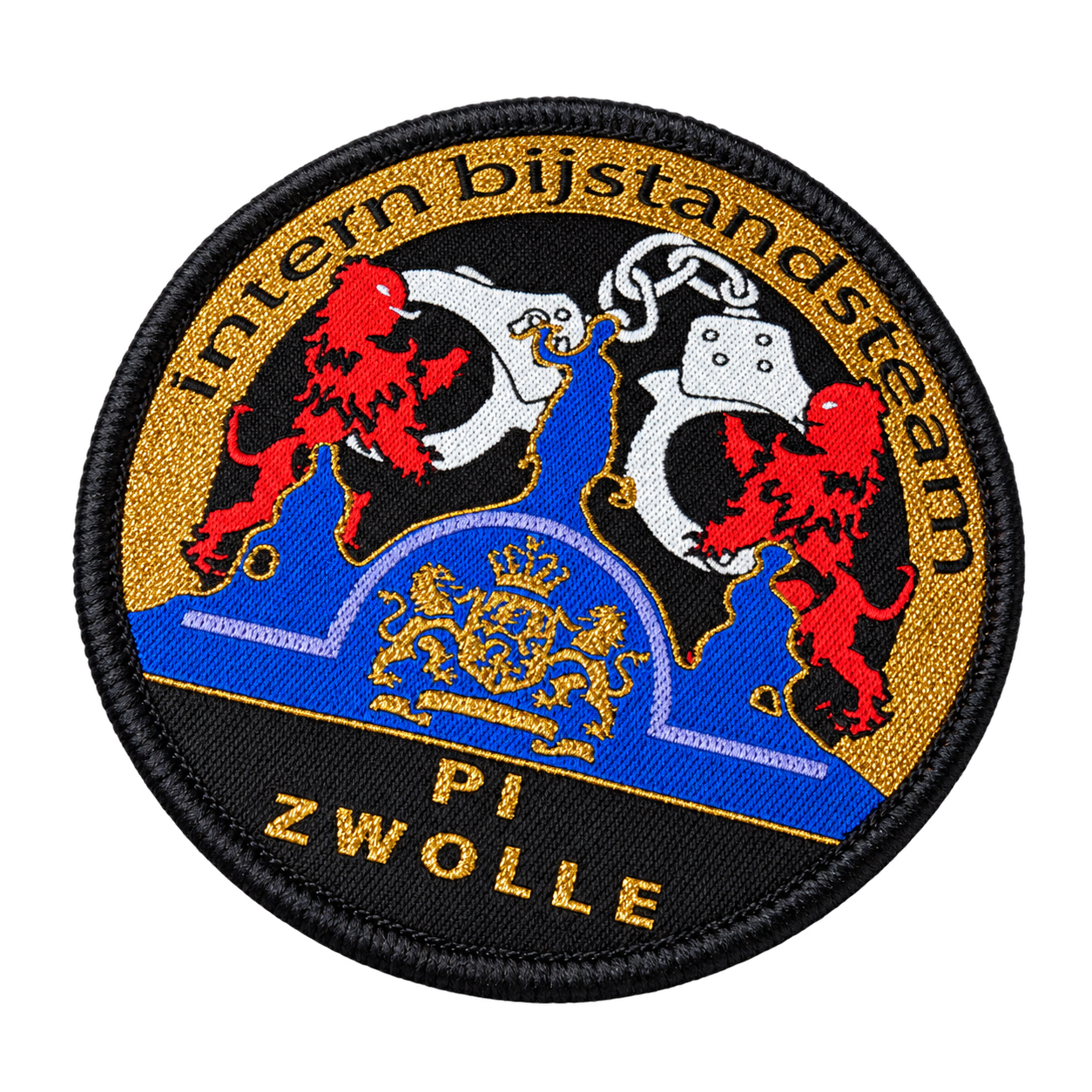 Rond geweven embleem PI Zwolle met goudkleurige details