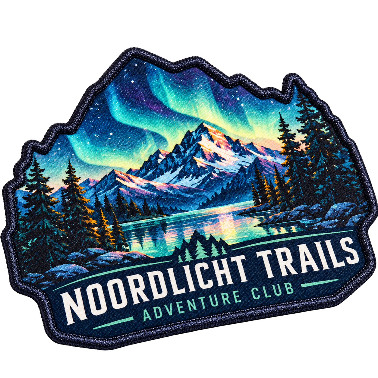 Vrijstaand sublimatie embleem Noorderlicht Trails Adventure Club met berglandschap