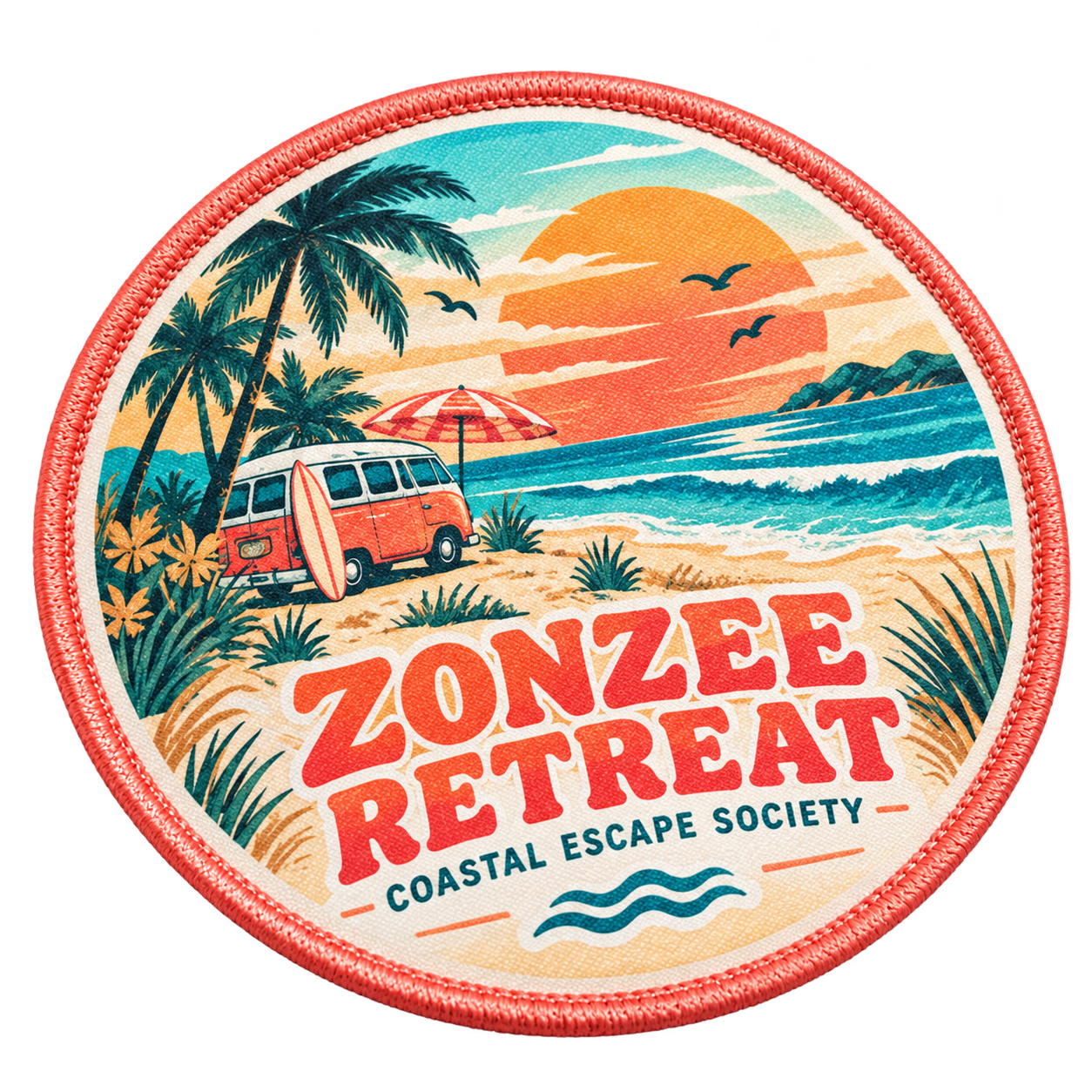 Vrijstaand rond sublimatie embleem Zonzee Retreat Coastal Escape Society