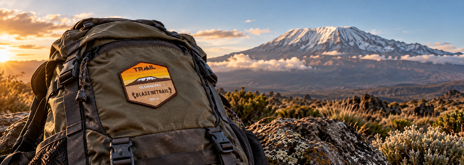 Rugzak met Kilimanjaro-embleem met Mount Kilimanjaro op de achtergrond